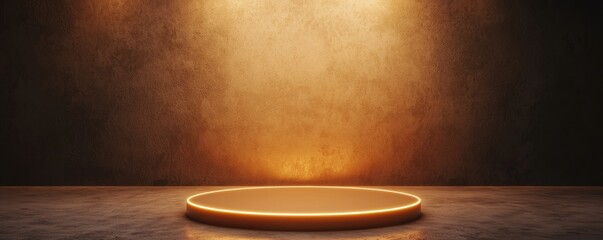 Wall Mural - A circular podium illuminated by warm lighting against a textured wall, creating a dramatic and inviting atmosphere for presentations or displays.