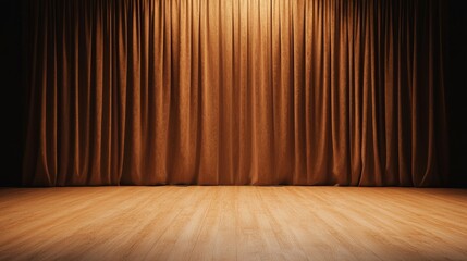 Wall Mural - A dimly lit stage with rich brown curtains, ready for a performance, showcasing polished wooden flooring.