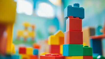 Poster - A creative building blocks scene in a children's educational center, Blocks arranged in educational patterns, Educational creativity style