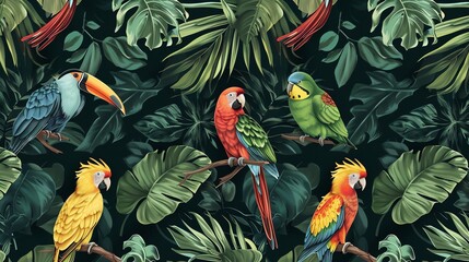 Wall Mural - A vibrant tropical pattern with colorful parrots and lush foliage.