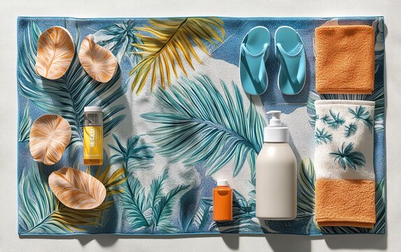 Flat lay of tropical travel items on a white background, sandals, beach towel, and sunscreen, copy space included, summer vibes, lifelike rendering