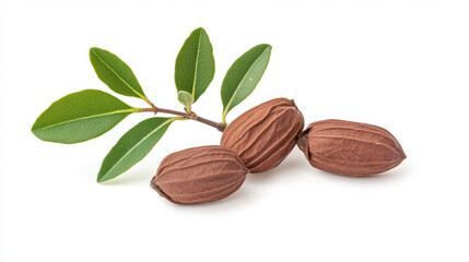 A cluster of three brown seeds with a green leaf, showcasing the natural beauty and texture of these botanical elements.