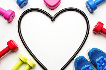 Vibrant Fitness Equipment Arrangement with Heart-Shaped Jump Rope for Exercise Enthusiasts and Home Gym Setup