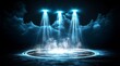 © eco_ - Mysterious Night Scene with Three Luminous Spotlights Illuminating a Circular Stage
