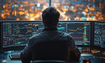 Poster - Night Trader:  A lone figure analyzes market data against a dazzling cityscape backdrop.