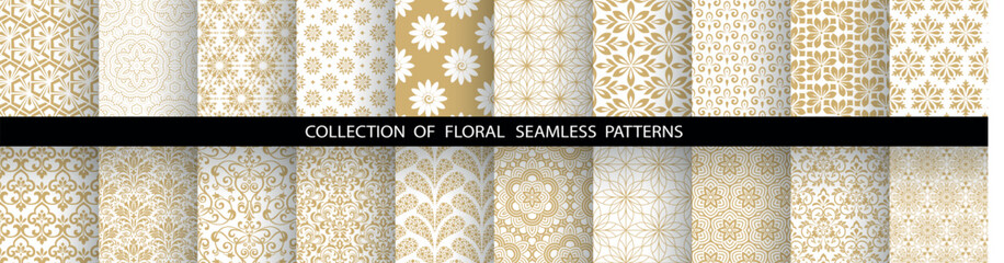 Wall Mural - Geometric floral set of seamless patterns. White and golden vector backgrounds. Damask graphic ornaments