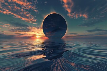 a large, dark sphere rests on a calm ocean at sunset. dramatic clouds fill the sky, creating a surre