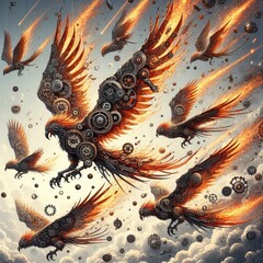 Wall Mural - 525 Steampunk phoenixes falling Izobrajenie 1 iz 4