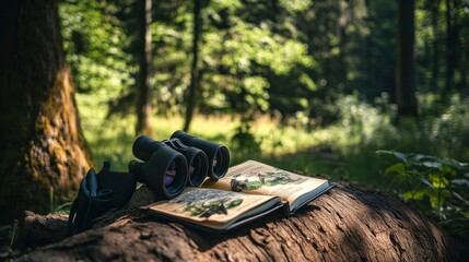 Poster - A detailed birdwatching setup in a forest clearing, Binoculars and bird guides neatly arranged on a log, Minimalist outdoor style