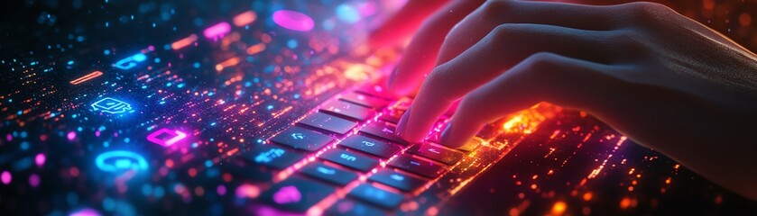 Poster - An intricate 3D concept of hands typing on a glowing keyboard with bright