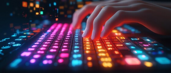 Poster - A creative 3D render of hands typing on a luminous keyboard