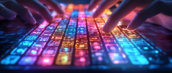 Poster - A creative 3D render of hands typing on a luminous keyboard