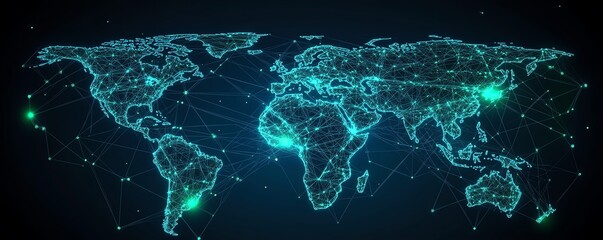 Poster - A digital world map featuring glowing data connections and interconnected network nodes
