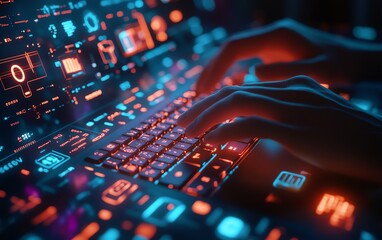 Poster - A dynamic 3D illustration of hands typing on a glowing keyboard