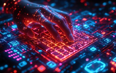 Poster - A dynamic 3D illustration of hands typing on a glowing keyboard