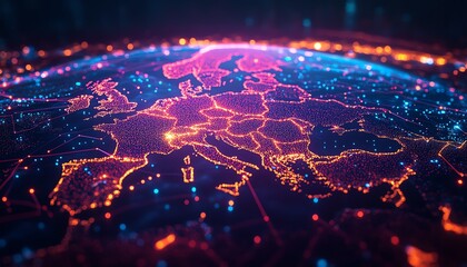 Poster - A highly detailed digital world map with illuminated data connections and network nodes