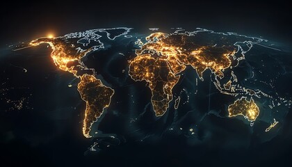 Poster - A highly detailed digital world map with illuminated data connections and network nodes