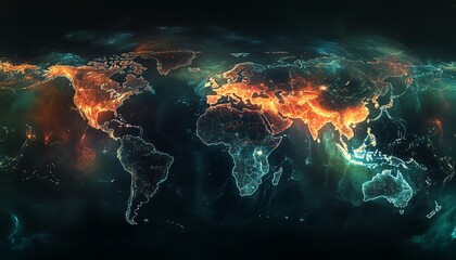 Poster - A highly detailed digital world map with illuminated data connections and network nodes