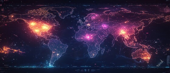 Poster - A sleek digital world map with glowing data paths and network nodes