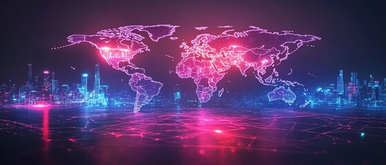 Poster - A sleek digital world map with glowing data paths and network nodes