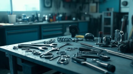 Poster - A detailed car repair station in a garage, Wrenches, jacks