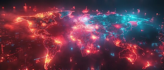 Poster - A sleek digital world map with glowing data paths and network nodes