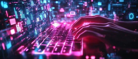 Poster - An immersive 3D scene with hands typing on a glowing keyboard