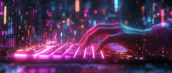 Poster - An immersive 3D scene with hands typing on a glowing keyboard