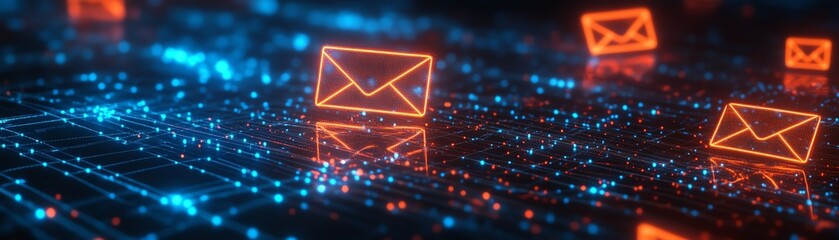 Poster - Glowing email icons in a digital network, representing communication and the digital exchange of information, sleek neon glow, futuristic design, ultrarealistic, 4K clarity