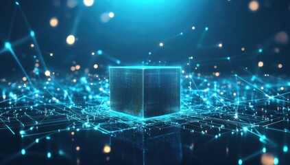 Poster - Glowing cube in digital network.