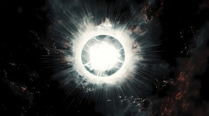 Wall Mural - a bright white light emanates from the center of a black background, surrounded by a glowing halo an