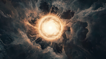 Wall Mural - a bright white light emanates from the center of a black background, surrounded by a glowing halo an