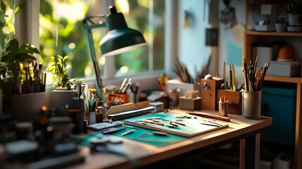 Poster - A detailed diorama crafting setup in a cozy workshop, Crafting tools and materials carefully arranged, Artistic model making style