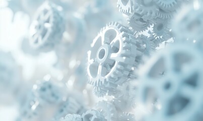 Aufkleber - Abstract close-up of white gears meshing together, illustrating complex machinery and teamwork.