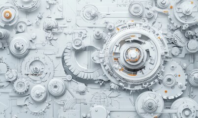 Aufkleber - Abstract white intricate machinery, complex gears and cogs, technological background.