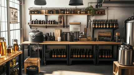 Poster - A detailed garage setup for brewing craft beer, featuring fermentation tanks, brewing kettles