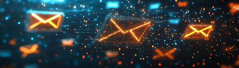 Poster - Glowing email icons illuminated in a digital network, representing the importance of communication and information in the modern era, vibrant colors, sharp details, 4K clarity