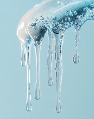 Canvas Print - Dripping water with bubbles on a blue background