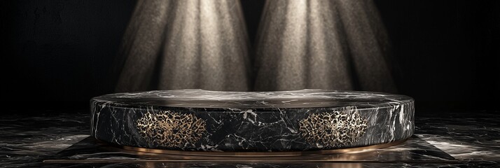 Poster - Dramatic 3D Black Marble Podium with Elegant Design Under Spotlights