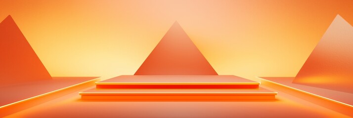 Poster - Futuristic 3D Abstract Podium with Glowing Pyramids in Orange Hue