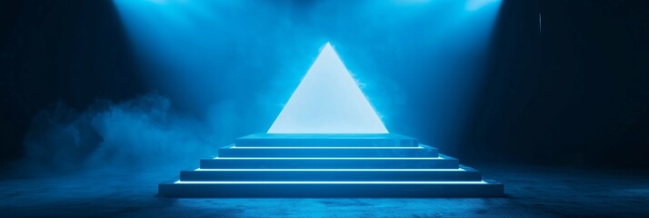 Poster - Mystical Floating Triangular Podium with Soft Blue Lighting and Smoke Effects