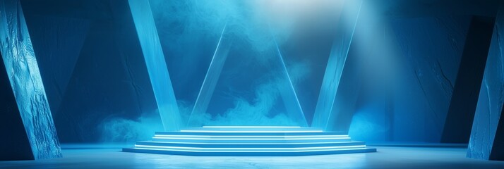 Poster - Mystical 3D Podium with Floating Triangular Steps in Ethereal Environment