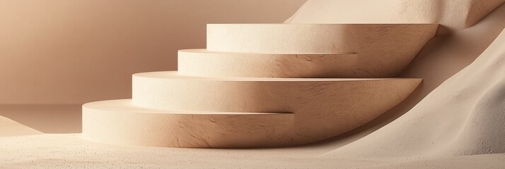 Poster - Multi-Tiered 3D Podium Shaped Like Rising Steps in Soft Beige Tones
