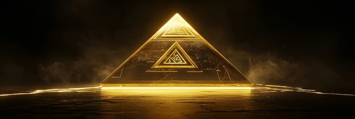 Poster - Luminous Golden Pyramid on Black Podium in 3D with Ethereal Lighting Effects