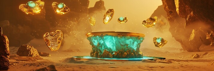 Poster - Luxurious 3D Podium Displaying Gold and Turquoise Elements in a Dreamy Setting