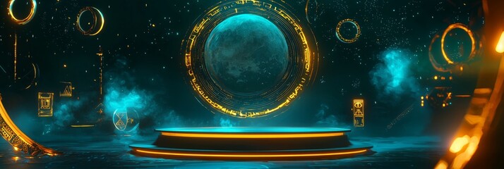 Poster - Mystical 3D Floating Podium Encircled by Golden Elements and Stars