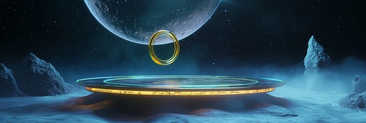 Poster - Mystical Golden Podium Floating in Space with Circular Encirclement