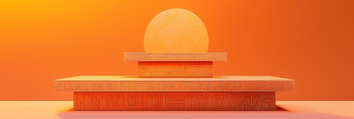 Poster - Futuristic 3D Podium with Bold Geometric Shapes Against Orange Background