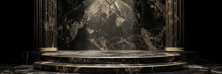 Poster - Dramatic 3D Black Marble Podium with Elegant Lighting and Textured Surface