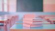 © redflower - A high stack of papers sits on a desk in a classroom, in front of a green chalkboard.